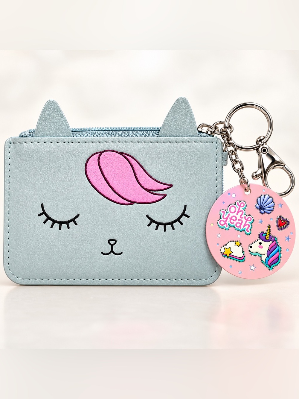 Blue Cat Coin Pouch with Pink Accent and Keychain NWT
